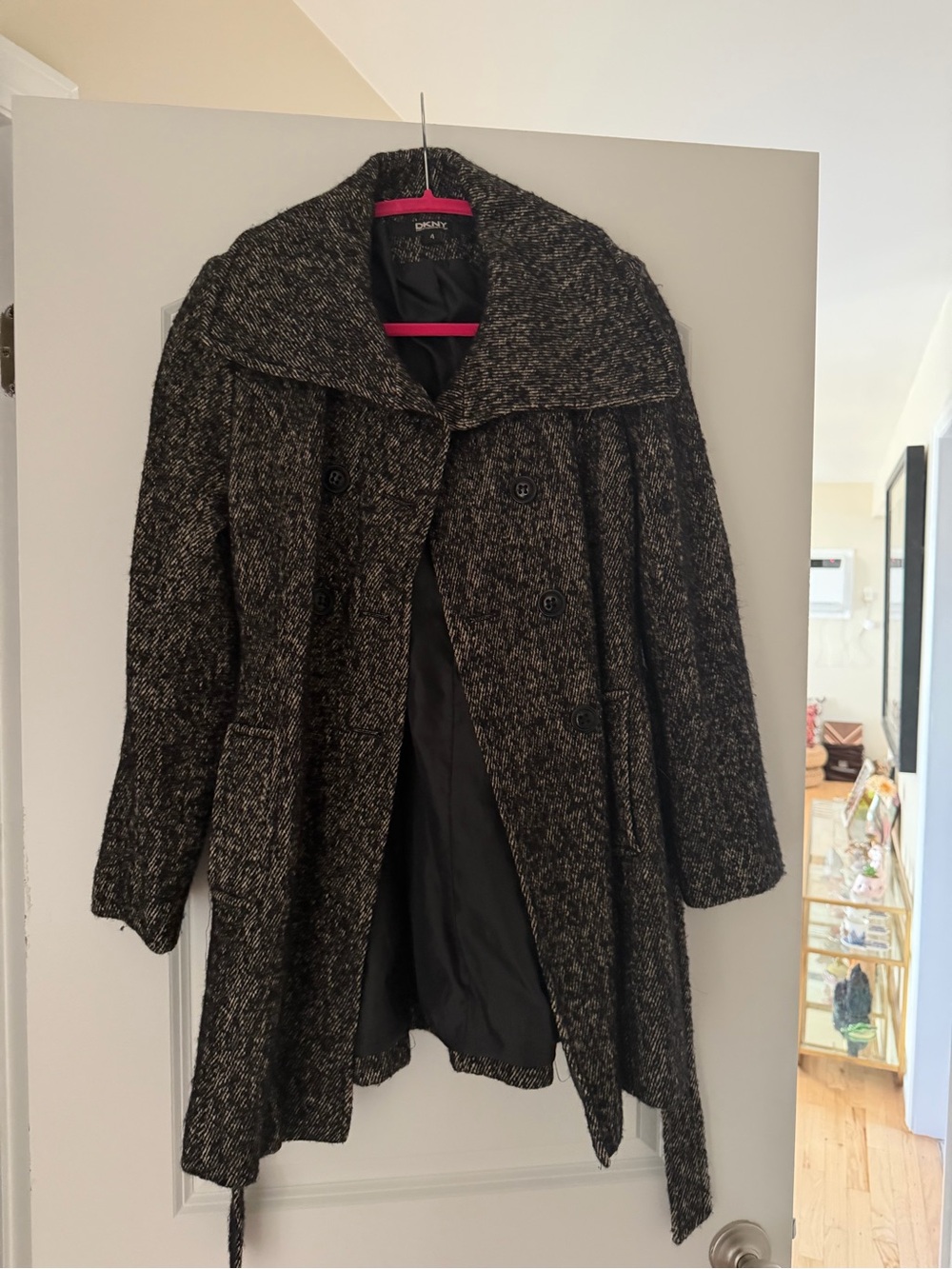 DKNY Black and Gray Tweed Double-Breasted Pea Coat
